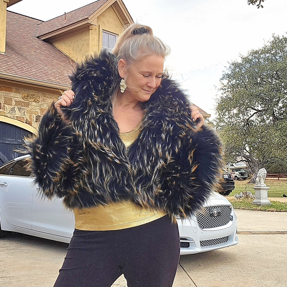 NWT Black & Gold Finn Raccoon Fur Jacket M/L